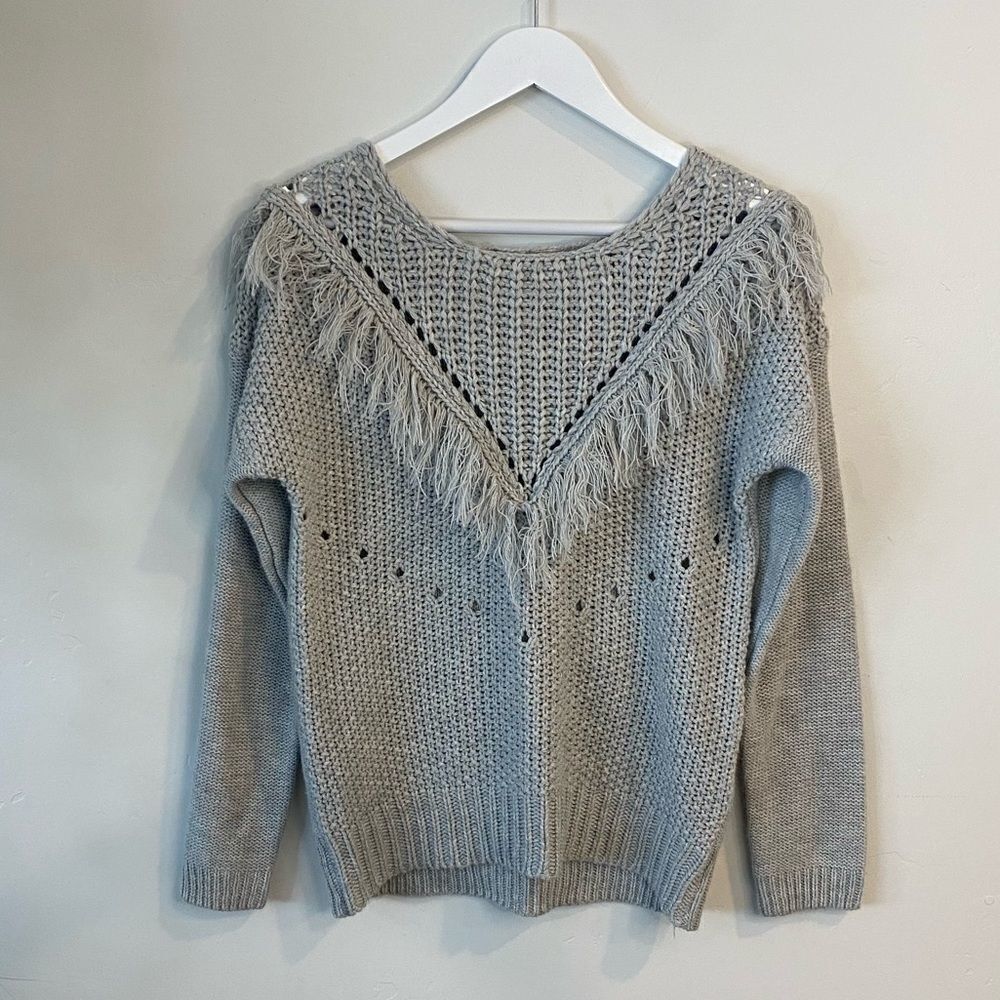 Gray Crew Neck Bohemian Indy Frilly Knitted Sweater